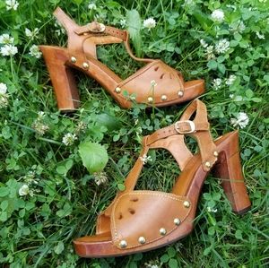 VTG 60s 70s Whisky Leather & Wood Platform Heels